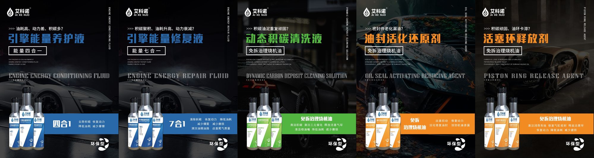 艾科诺深度养护产品线瓶装产品海报：引擎能量养护液（四合一）、引擎能量修复液（七合一）、动态积碳清洗液、油封活化还原剂、活塞环释放剂